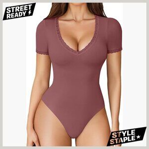 Short Sleeve Bodysuit Lace V Neck Double Lined Snap Closure Medium